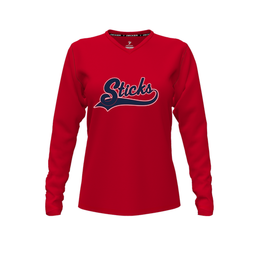 [CUS-DFW-TEES-PER-VNK-LSL-RED-FYXS-LOGO3] Decker Performance T-Shirt (Female Youth XS, Red, V Neck, Logo 3, Long Sleeve)