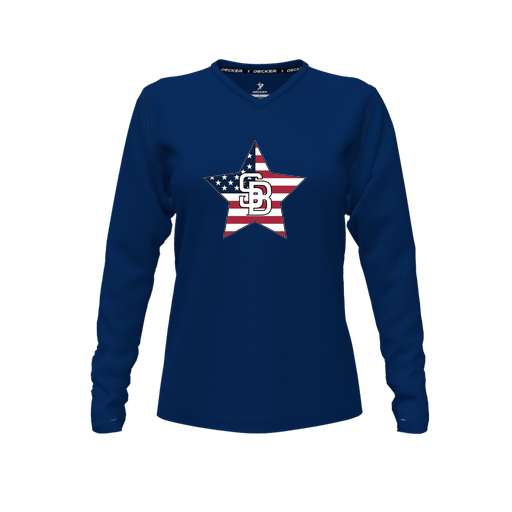 [CUS-DFW-TEES-CMF-VNK-LSL-NVY-FYXS-LOGO2] Decker Comfort T-Shirt (Female Youth XS, Navy, V Neck, Logo 2, Long Sleeve)