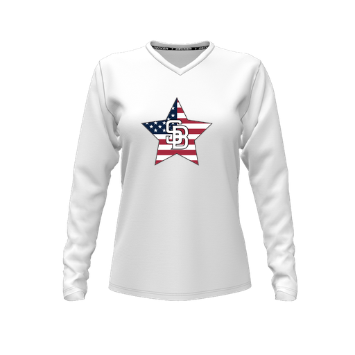 [CUS-DFW-TEES-PER-VNK-LSL-WHT-FYXS-LOGO2] Performance T-Shirt (Female Youth XS, White, V Neck, Logo 2, Long Sleeve)