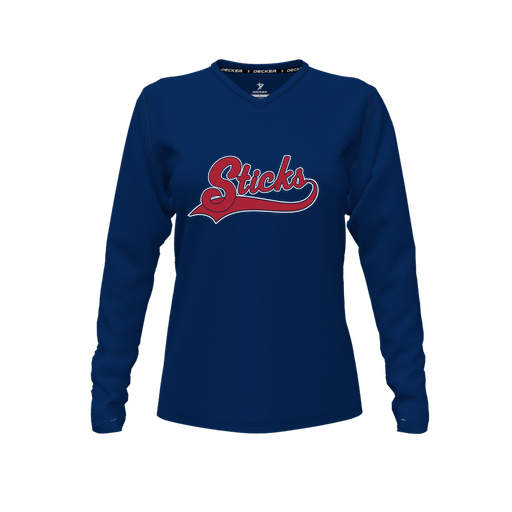 [CUS-DFW-TEES-PER-VNK-LSL-NVY-FYXS-LOGO1] Decker Performance T-Shirt (Female Youth XS, Navy, V Neck, Logo 1, Long Sleeve)