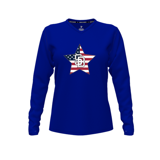 [CUS-DFW-TEES-PER-VNK-LSL-RYL-FYXS-LOGO2] Decker Performance T-Shirt (Female Youth XS, Royal, V Neck, Logo 2, Long Sleeve)