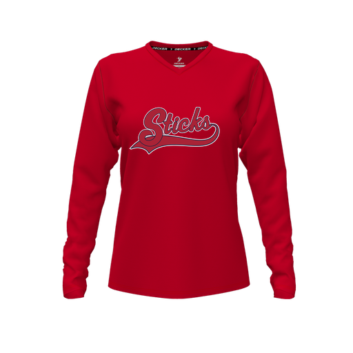 [CUS-DFW-TEES-PER-VNK-LSL-RED-FYXS-LOGO1] Decker Performance T-Shirt (Female Youth XS, Red, V Neck, Logo 1, Long Sleeve)