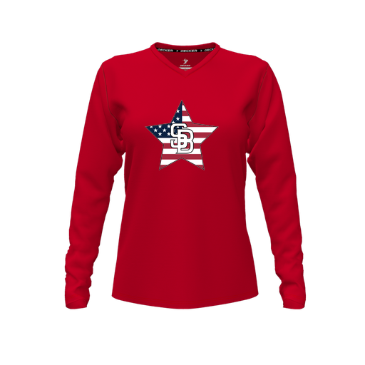 [CUS-DFW-TEES-PER-VNK-LSL-RED-FYXS-LOGO2] Performance T-Shirt (Female Youth XS, Red, V Neck, Logo 2, Long Sleeve)