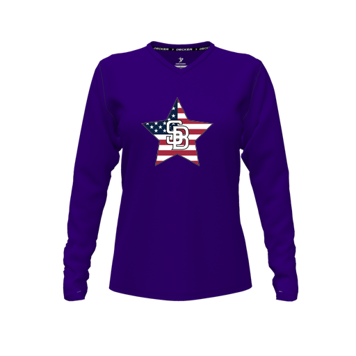 [FTLVPTPP-FYXS-LOGO2] Decker Performance T-Shirt (Female Youth XS, Purple, V Neck, Logo 2, Long Sleeve)